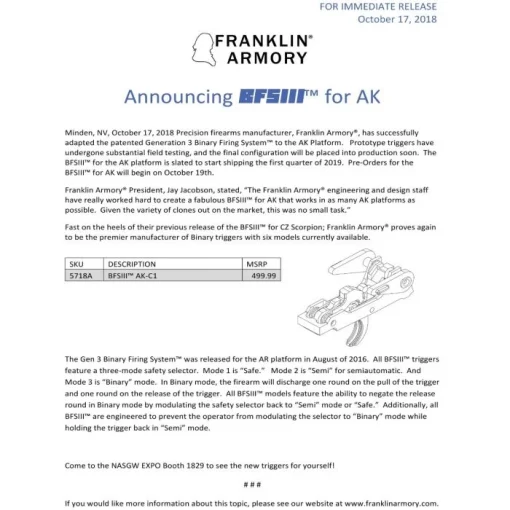 Franklin Armory BFSIII AK-C1 Binary Firing System III Trigger - For most AK platforms | Curved Trigger - Image 2